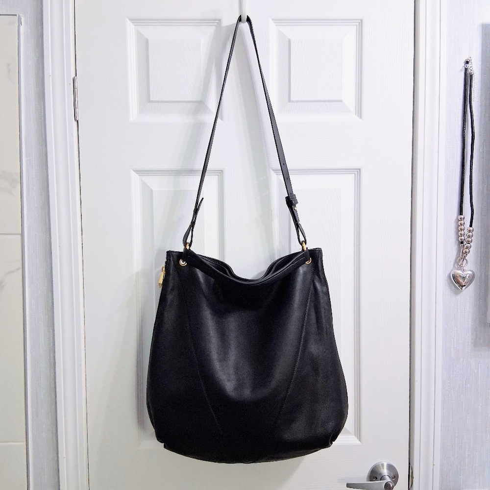 Pour La Victoire Bag Black Leather Hobo Tote Or Shoulder Expandable Zipper - Picture 3 of 16